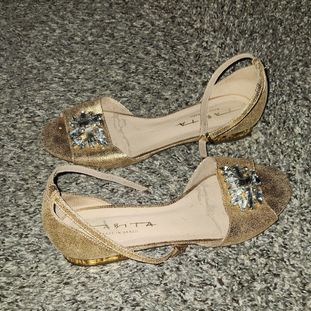 Tabita Gold Crystal-Embellished Ankle-Strap Sandals. Made In Brazil. - Picture 3 of 6